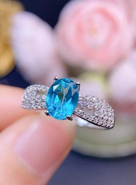 天然帕拉伊巴色托帕石戒指银镶嵌精致个性百搭小众主石6x8mm