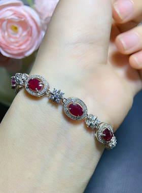 奢华高贵天然红宝石银饰手链S925纯银镶嵌色红纯银底托不过敏