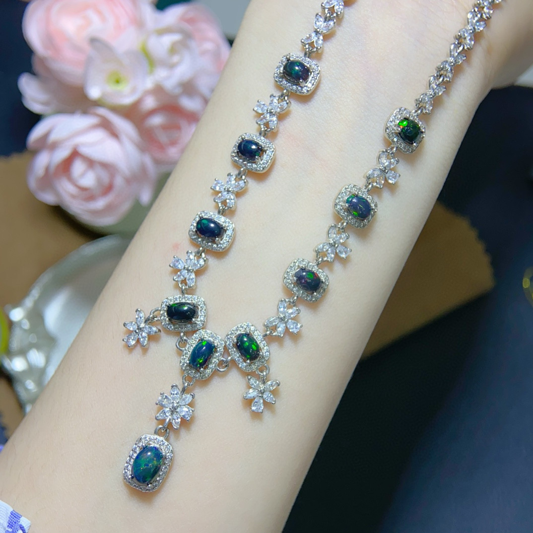 奢华澳洲黑欧泊晚宴会年会生日首饰套装女新娘结婚纱礼服项链配饰