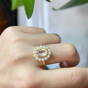 时尚复古日常通勤百搭天然摩根石戒指椭圆切面显气质戒指指环