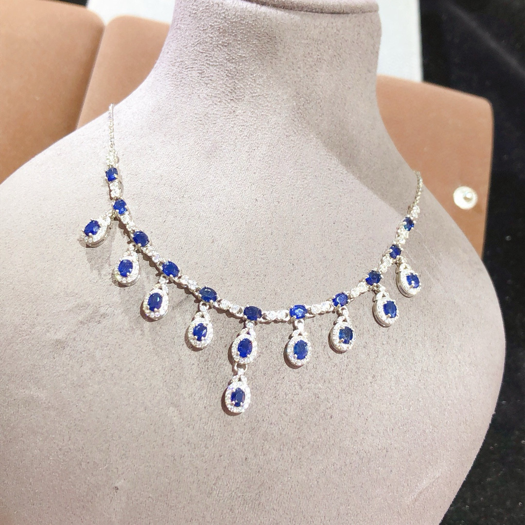 天然斯里兰卡蓝宝石项链锁骨链 925银镀18K白金镶嵌在石3*4mm豪华