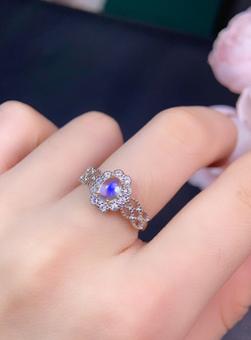 s925银镶嵌天然灰月光石戒指女时尚简约活口可调节指环送女友礼物