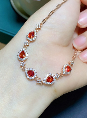 s925纯银镶嵌天然红色蓝宝石手链手饰时尚轻奢气质手链