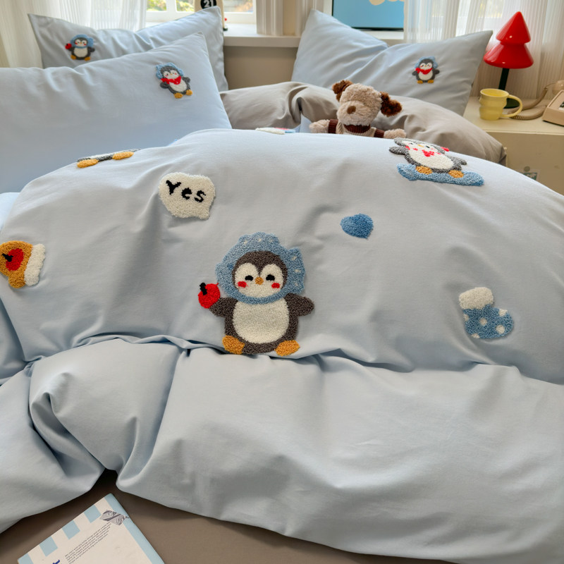 纯棉加厚磨毛卡通图案0.9/1.2/1.35米床笠三件套保暖被套四件套