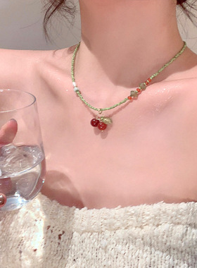 春夏季田园风显白红樱桃百搭项链女小众高级感锁骨链颈链choker