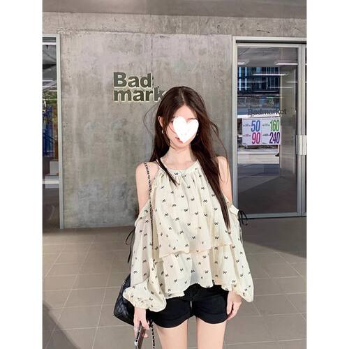 法式蝴蝶结露肩短款衬衫女春夏