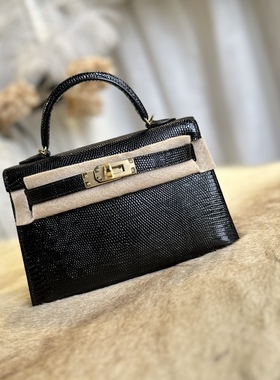 手缝蜡线小女包mini凯丽19cm迷你凯莉包二代Lizard原版蜥蜴黑色89