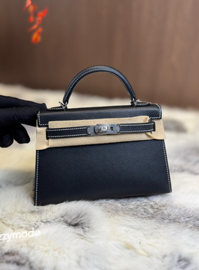 全手缝迷你凯莉包二代25cm进口epsom金扣手提单肩斜挎包黑银