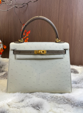 凯莉包 25cm 冰川蓝白拼 大象灰 Ostrich 鸵鸟皮 银扣 清单素雅