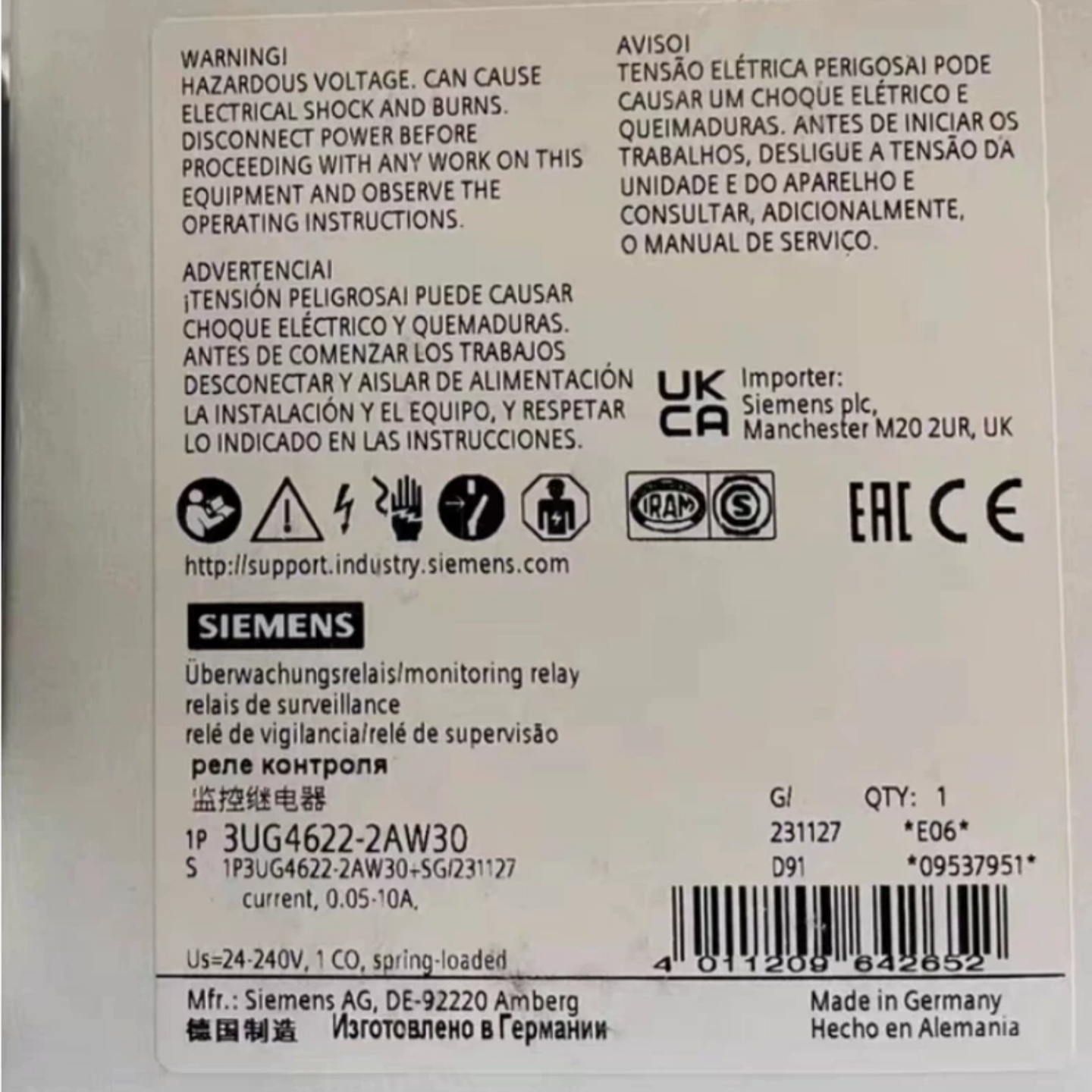 德国全新西门子3UG4622-2AW30