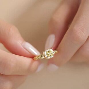 S999纯银新款小方糖足银黄钻戒指女气质高级感麻花开口食指戒饰品