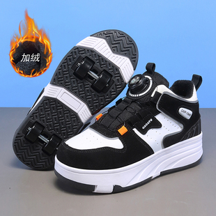 加绒成人溜冰鞋 双轮可收男童滑轮变形鞋 高帮暴走鞋 芭芭兔女童新款