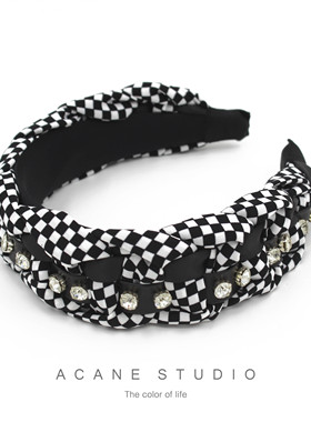 ACANE 格子编织黑白拼色飘带日韩复古气质个性文艺宽发箍卡头饰品