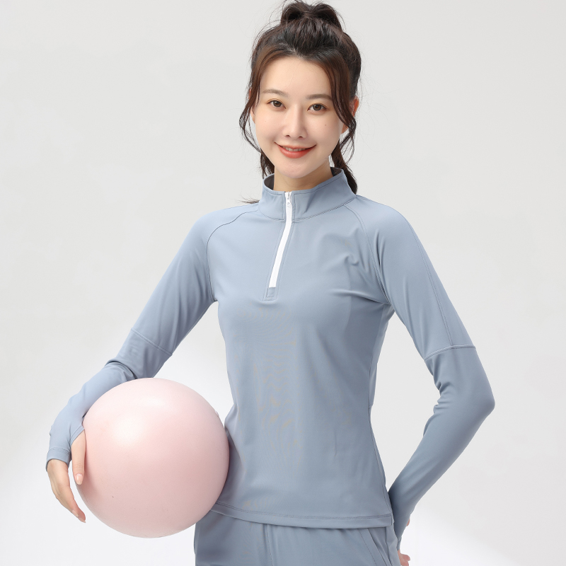 秋季跑步长袖女半拉链立领紧身训练健身吸汗速干高弹套指运动上衣