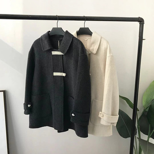 2026春季新款复古简约毛呢大衣小翻领宽松A字版双面呢中长款外套