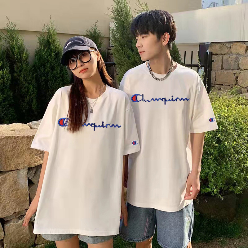 明星同款ins时尚休闲刺绣短袖情侣款男女潮牌纯棉圆领亲子装AAA