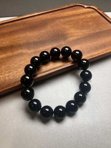 缅甸翡翠墨翠手串珠链 黑度极好 种水好 全透 直径13.6mm