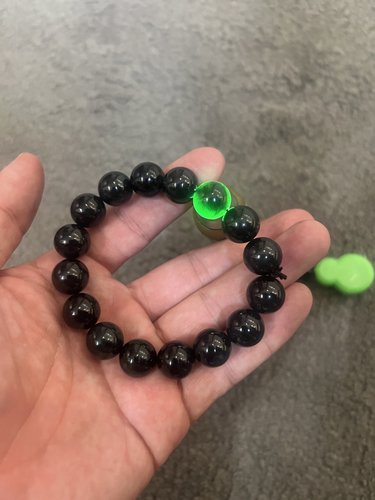 【福利价】天然翡翠墨翠手串，缅甸料，直径12.8mm