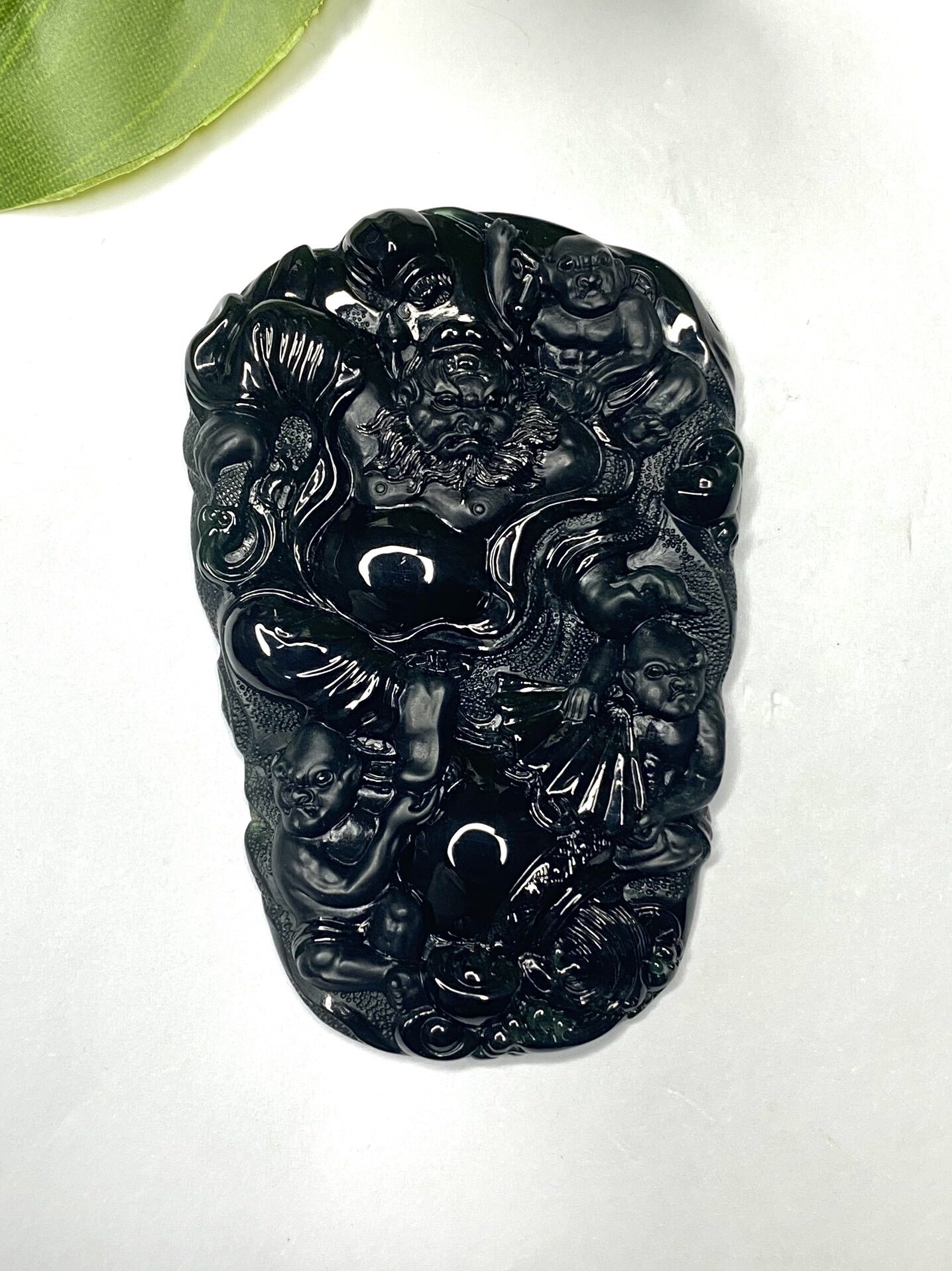 翡翠墨翠钟馗伏妖 老坑高冰 黑度极黑  种老起胶