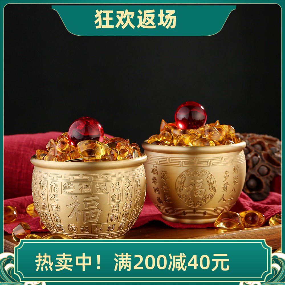 黄铜精雕百福缸客厅家居装饰品