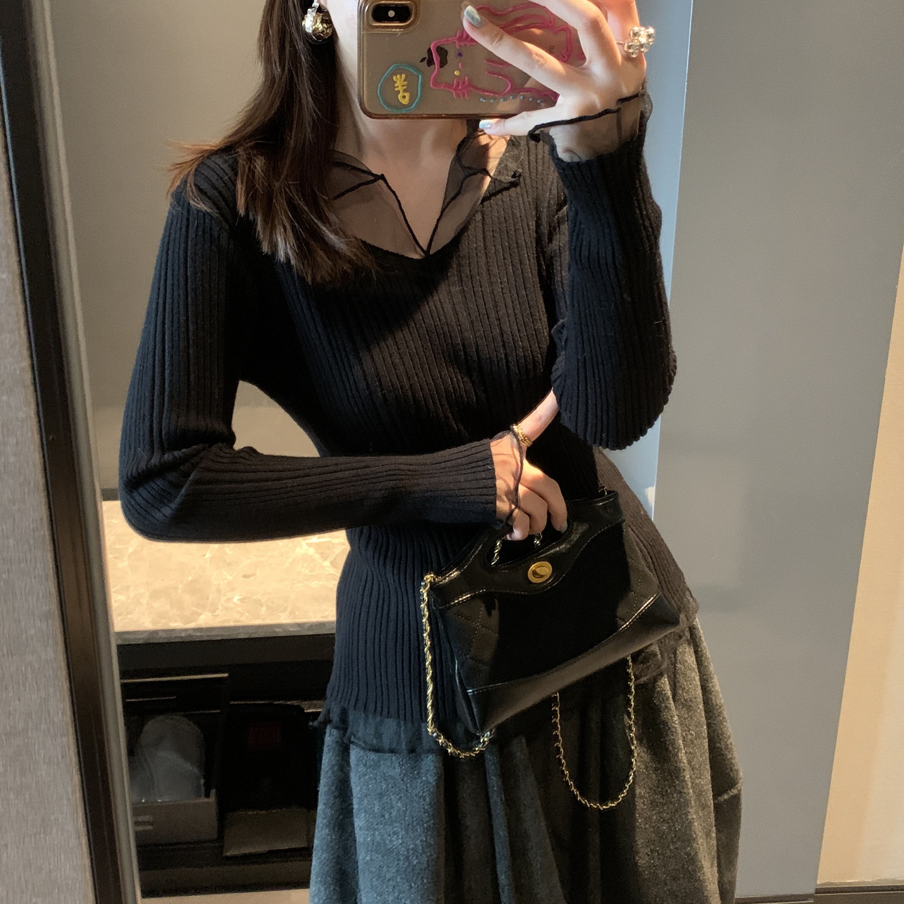 2025新款薄纱拼接修身针织衫