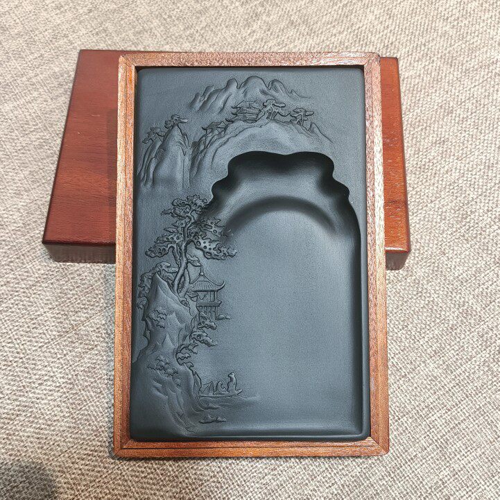 水墨徽州歙砚黑龙潭砚台天然石头配木盒可磨墨可倒墨汁