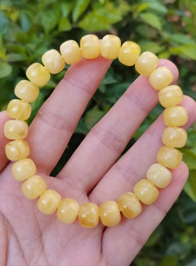 天然原矿琥珀蜜蜡俄料奶黄白花蜡老型9.3*7.8单圈手串文玩配饰珠