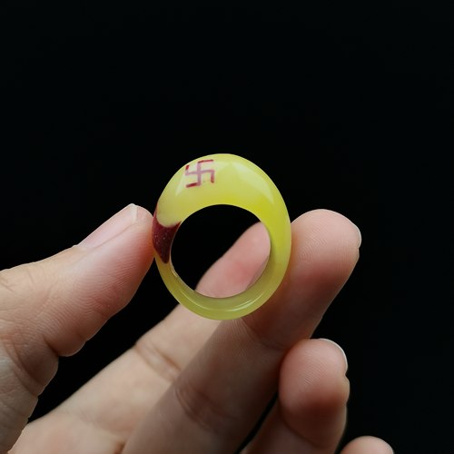 原创天然原矿琥珀蜜蜡朱砂结合面包戒指一体戒指原创扳子戒指男女