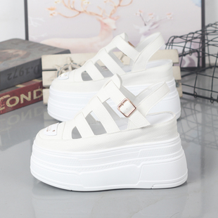 罗马凉鞋 10cm厚底松糕休闲凉鞋 夏透气镂空小白鞋 增高12cm包头凉鞋