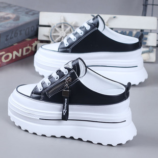 一脚蹬 女厚底内增高10CM无后跟懒人鞋 半拖鞋 女2025春夏皮面小白鞋