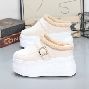 棉毛毛拖 女厚底内增高11CM无后跟懒人鞋 勃肯鞋 秋冬加绒包头半拖鞋