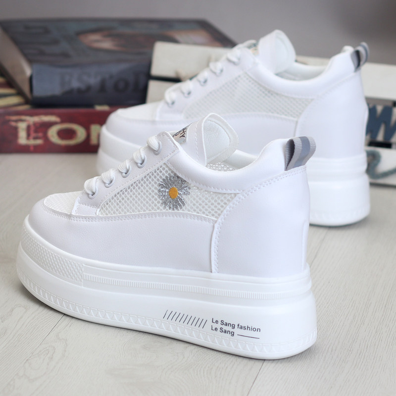 鞋子女2024夏季网鞋透气小雏菊小白鞋女松糕鞋厚底内增高10cm休闲
