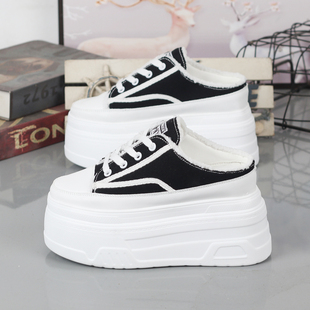 12CM小个子无后跟懒人鞋 女厚底内增高10 小白鞋 2024春帆布半拖鞋