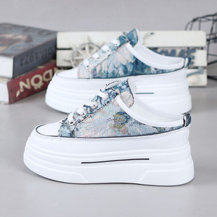 2025春夏帆布小白鞋女厚底内增高8CM小个子无后跟懒人鞋半拖鞋女