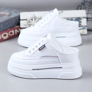 2023春夏皮面小白鞋女厚底内增高8CM小个子无后跟懒人鞋半拖鞋女