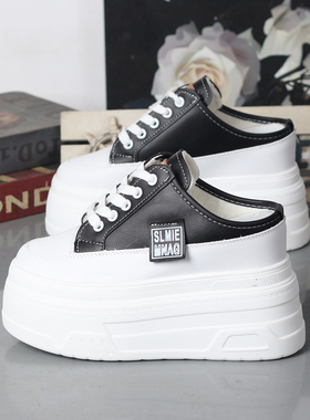 秋冬加绒小白鞋包头半拖鞋女厚底内增高10-12CM无后跟懒人鞋棉拖