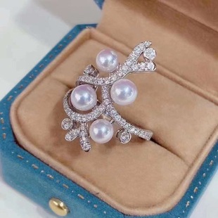 DIY配件天然珍珠S925纯银时尚 6mm圆珠 花丛多珠锆石调节戒指托配4