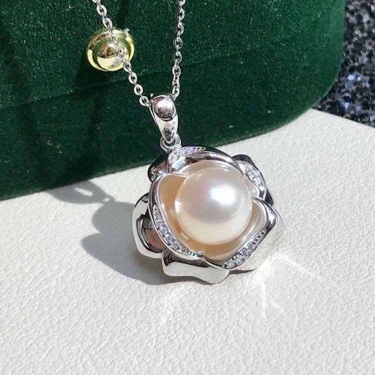 DIY配件天然珍珠S925纯银时尚莲花款吊坠项坠空托 配8~10mm圆扁珠