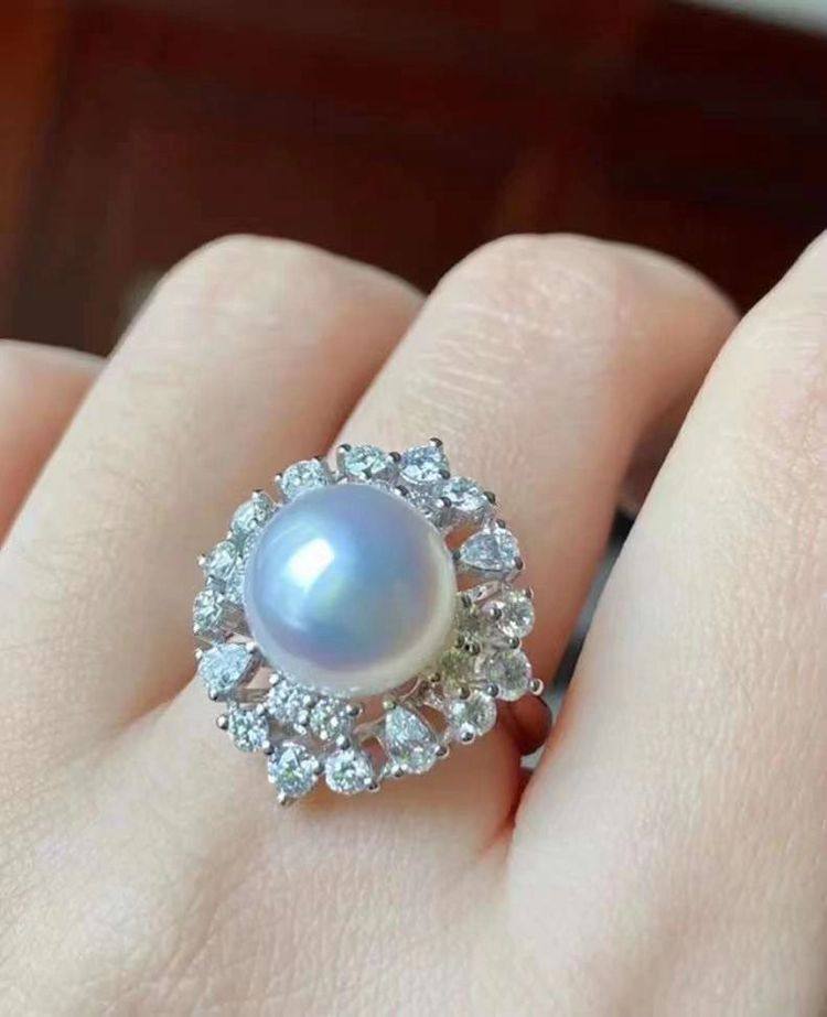 DIY配件天然珍珠S925纯银时尚镶锆石款戒指空托 配12-13mm圆扁珠