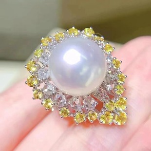 DIY配件天然珍珠S925纯银时尚双色锆石调节戒指空托配12-13mm圆珠