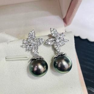 DIY配件天然珍珠S925纯银时尚 13mm圆珠 锆石可拆分耳钉空托配9