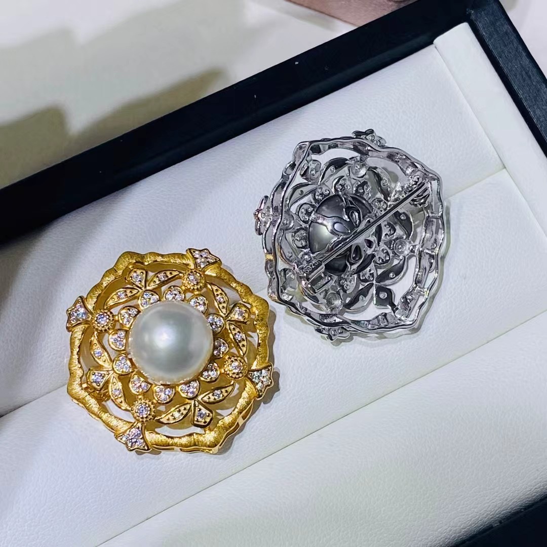 DIY配件天然珍珠S925纯银时尚新款胸花吊坠两用空托配11.5-13mm圆