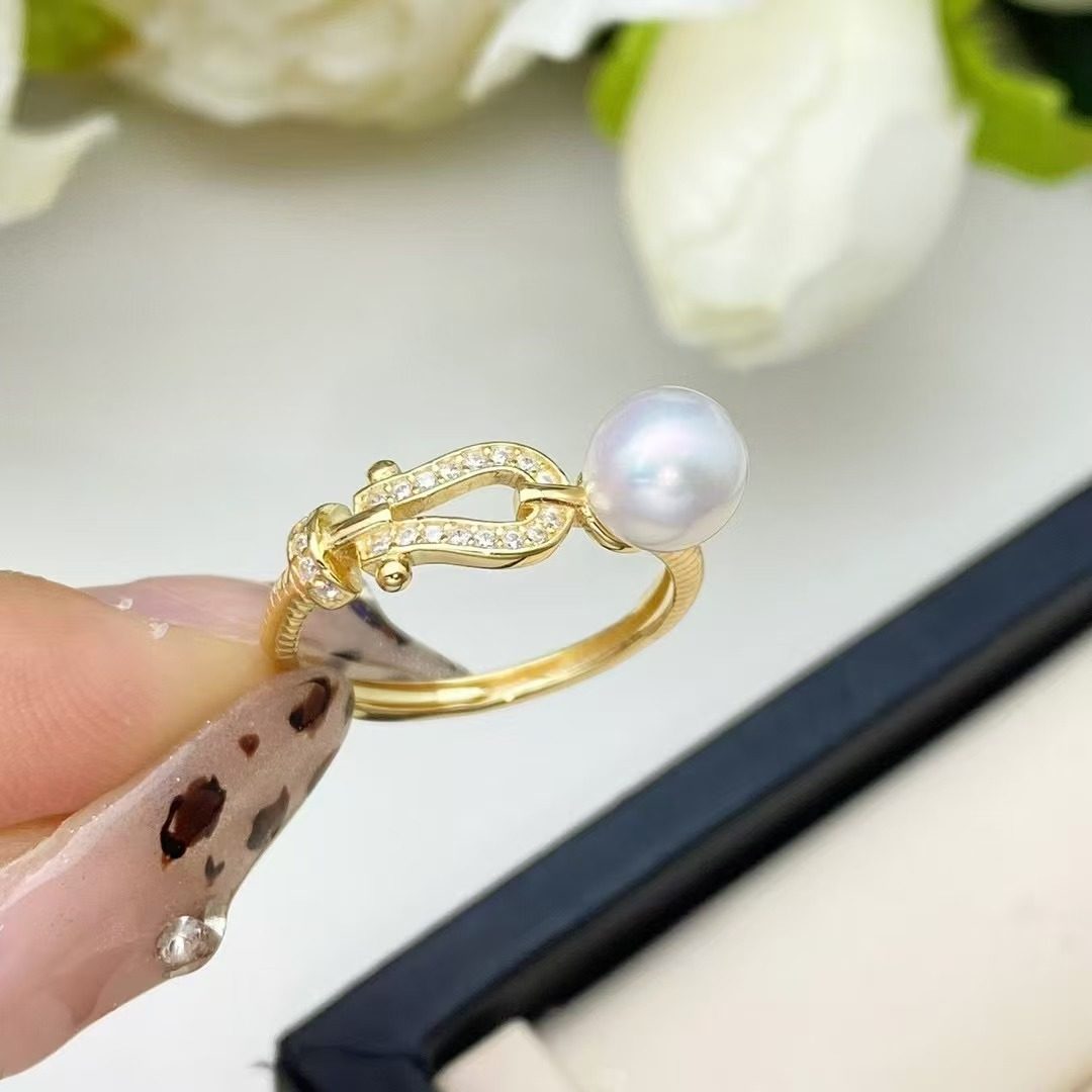 DIY配件天然珍珠S925纯银K金工艺马蹄调节戒指空托配6-8mm圆扁珠