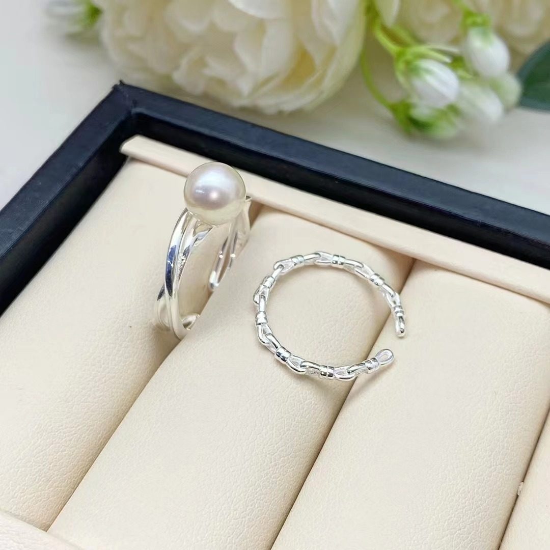 DIY配件天然珍珠S925纯银K金工艺小众设计双环戒指托配6-9mm圆珠