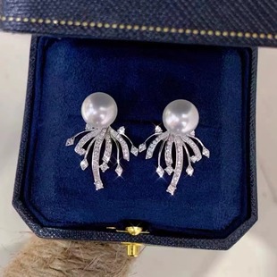 DIY配件天然珍珠S925纯银时尚 10mm圆扁 精工锆石烟花耳钉空托配6