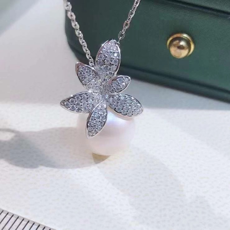 s925diy天然珍珠纯银树叶锆石