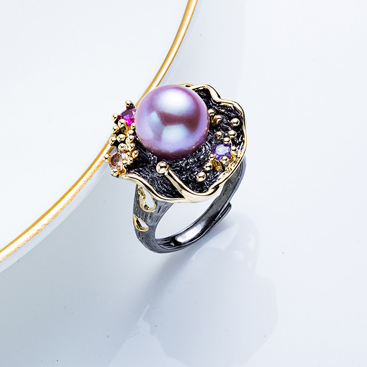 戒指珍珠可调节复古纯银