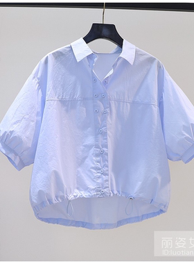 纯棉衬衫女短款2024夏季新款百搭薄款下摆抽绳设计宽松灯笼袖衬衣