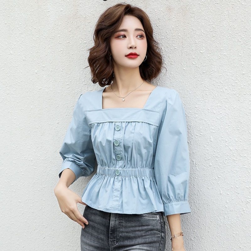 修身收腰套头五分袖纯棉衬衫