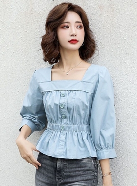 2024夏季新款韩版收腰衬衫女短款上衣一字肩小衫设计感小众衬衣潮